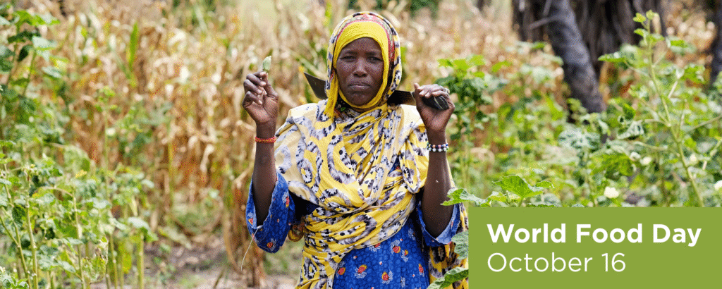 A woman in a blue dress and yellow headscarf with flowers stands in a field. She's holding a piece of okra in one hand, and a tool for harvesting in the other. The text in the bottom right corner reads World Food Day October 16